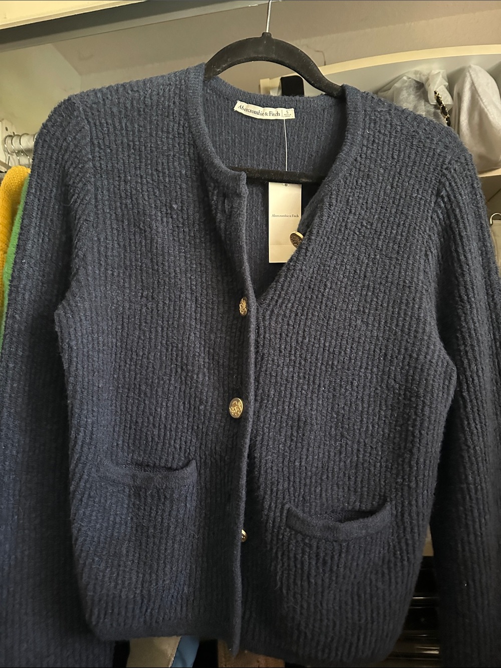 Abercrombie & Fitch Navy Ribbed Knit Cardigan with Gold Buttons